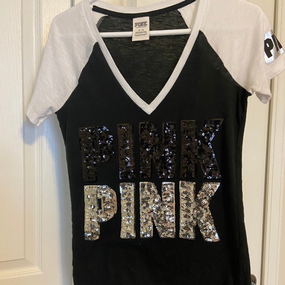 VS Pink Black and White Bling T Shirt  Size M